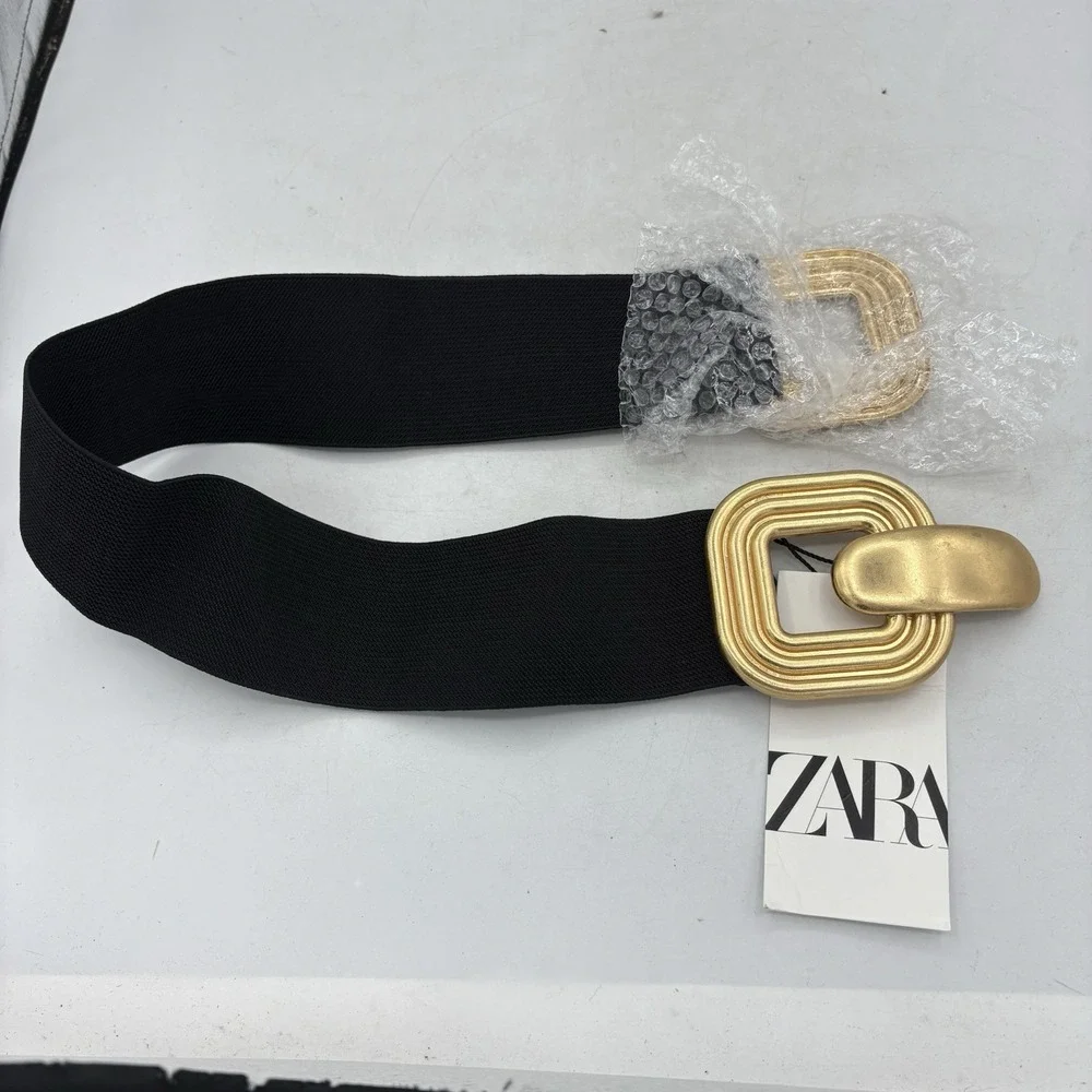 Zara Waist Belt Womens Size 32 Black Gold Interlock Buckle Wide Stretch